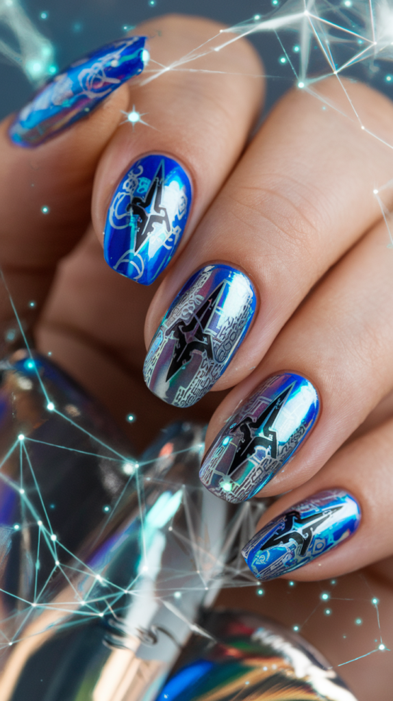 Holographic nails with swords, virtual symbols, and digital effects from the Sword Art Online universe