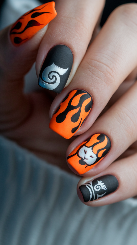 Bold orange and black nails with the Konoha leaf symbol and Naruto’s iconic whisker markings