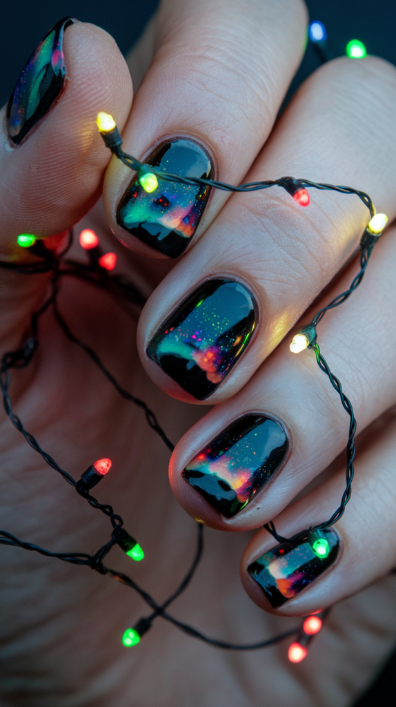 Dark blue nails with playful, multi-colored dots and lines mimicking tangled Christmas lights