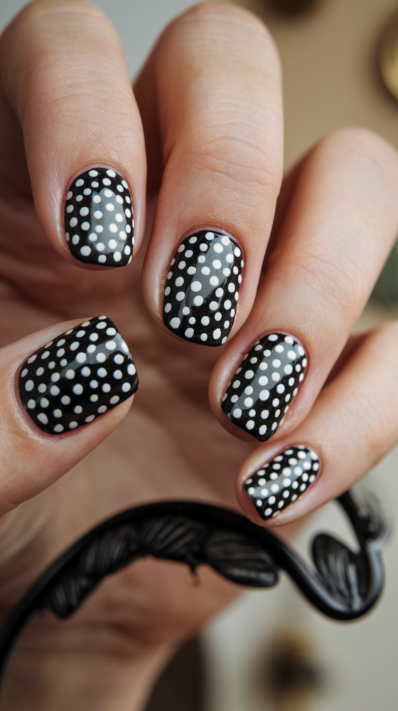 Fun and playful black nails dotted with uniform white polka dots, perfect for a casual chic look