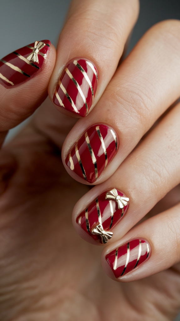 Nails with diagonal stripes in festive red, green, and gold, accented with tiny bows to resemble wrapped gifts