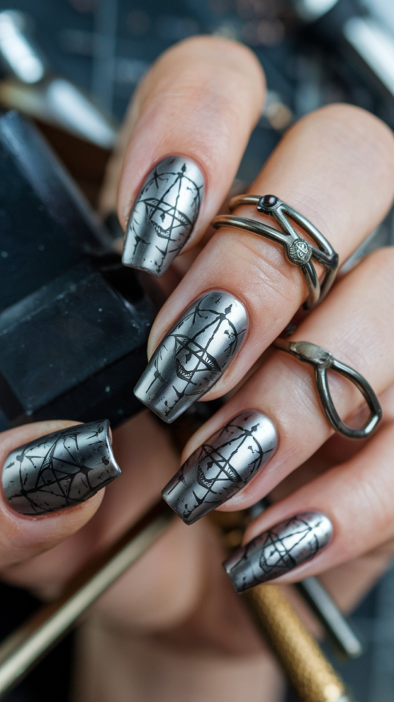 Metallic nails featuring alchemy circles and the Philosopher’s Stone, with an industrial, mechanical look