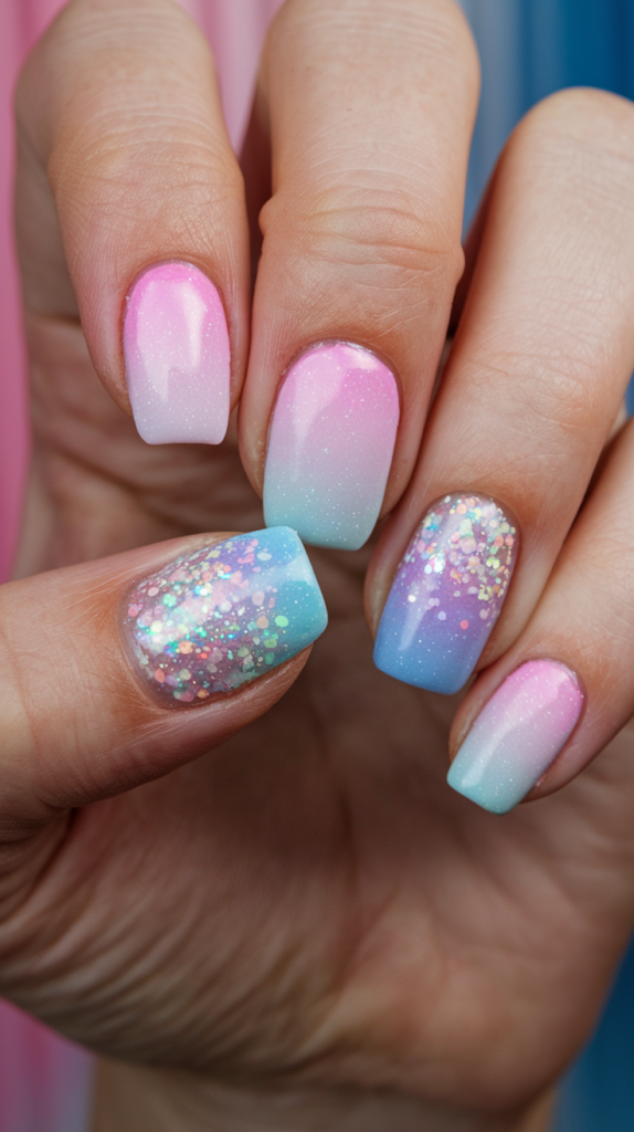 Nails with a pastel base and glitter accents on one or two nails, featuring pastel-colored glitter and a glossy finish for a subtle, glamorous look.

