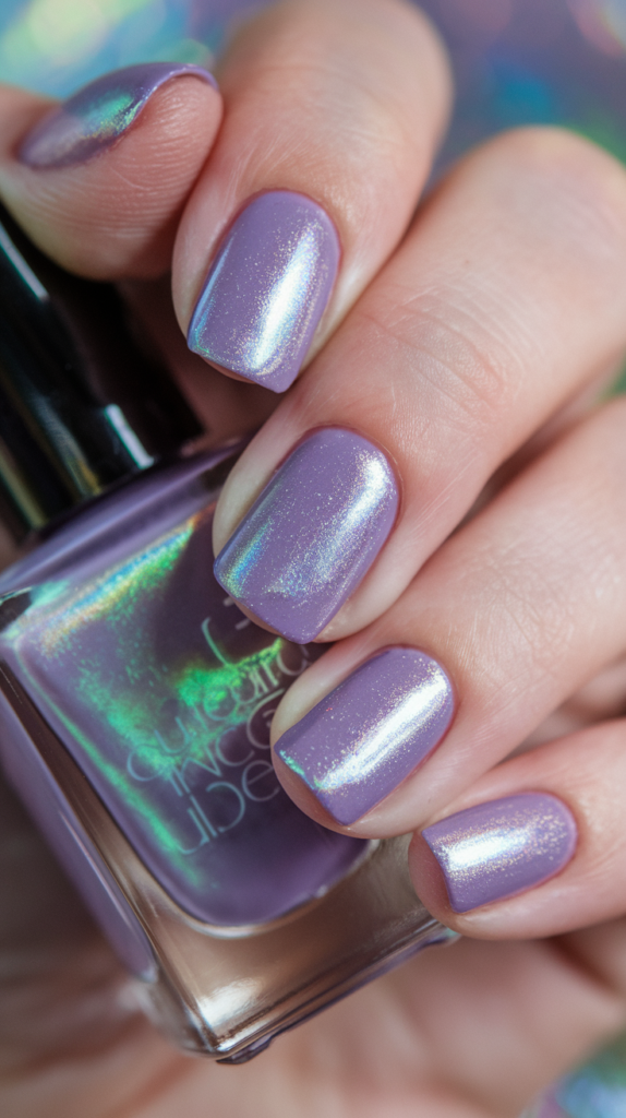 Lilac nails with iridescent shimmer, giving off a magical, unicorn-inspired glow.