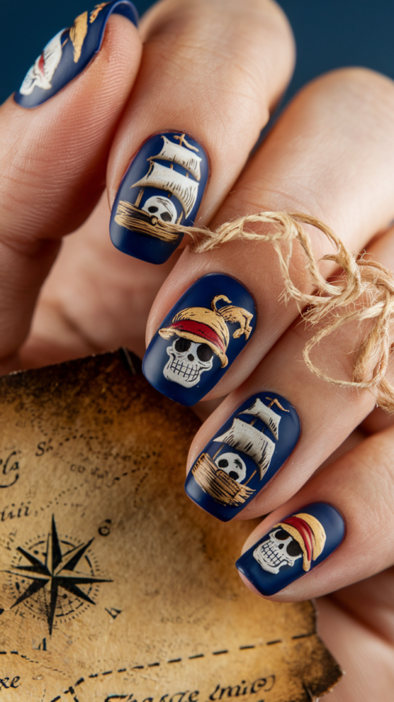 Nautical-themed nails featuring Luffy’s straw hat, treasure maps, and skulls, evoking a pirate aesthetic