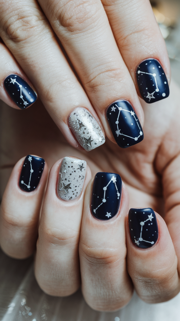 Dark navy nails adorned with white fine lines drawing out constellations, speckled with tiny silver glitter stars