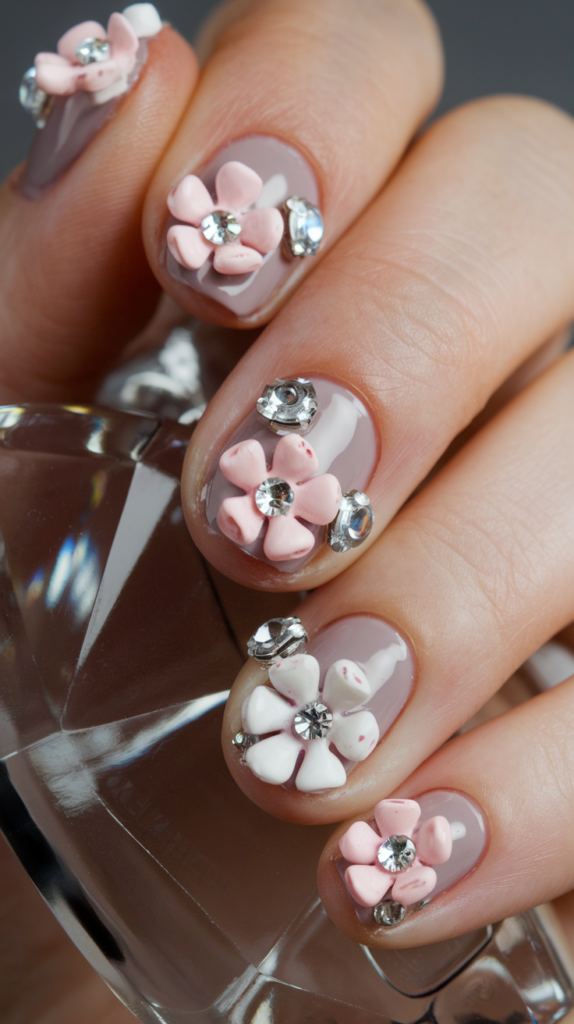 Glossy nails decorated with 3D floral charms in soft pink and white, accented with rhinestones for a glamorous, textured look