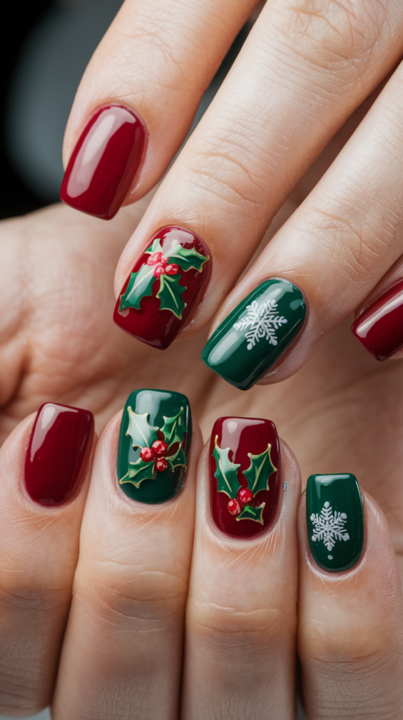 Close-up of nails featuring alternating red and green polish with holly leaf and snowflake accents, creating a festive holiday look