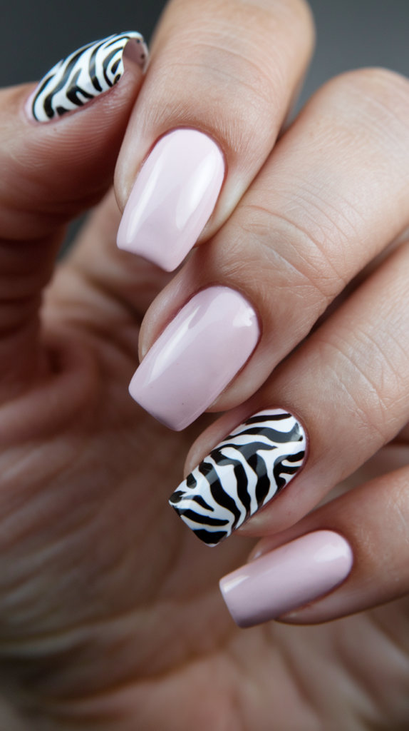 Soft pink nails with bold zebra print accents, offering a fashion-forward, edgy look