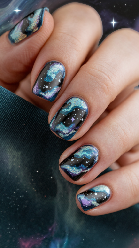 Nails with a dark blue galaxy-inspired design, featuring lighter shades of blue and purple with white stars and glitter accents