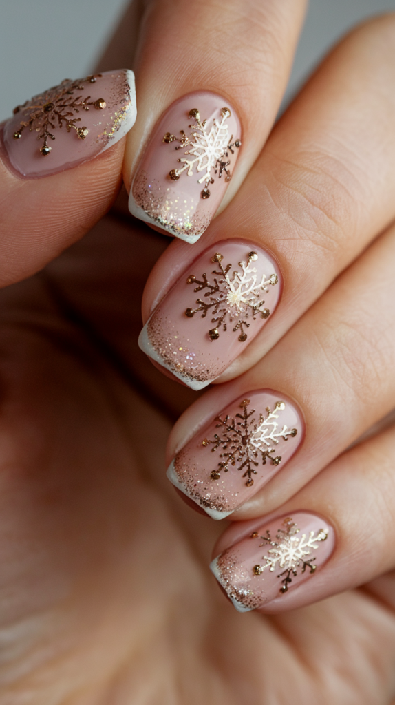 Nude nails with intricate gold glitter snowflakes, creating a chic and glamorous Christmas-inspired design