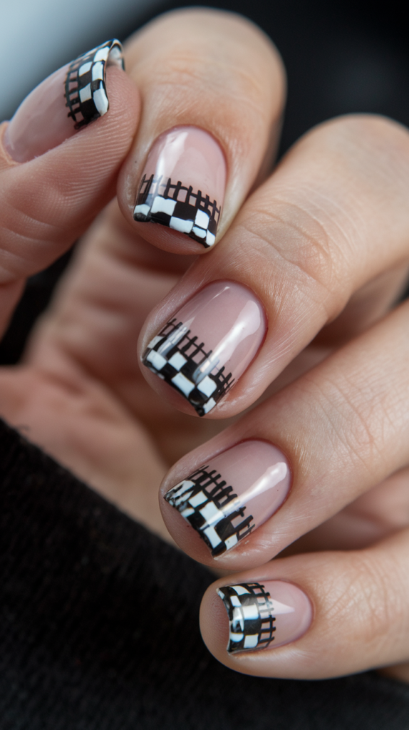 Trendy mini checkerboard patterns in black and white on the tips of nails