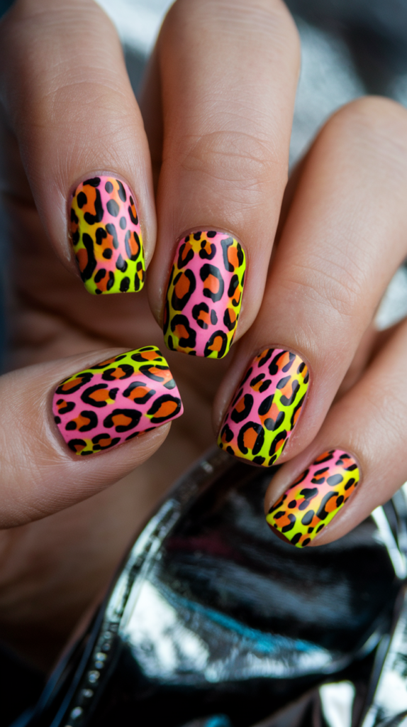 Vibrant neon animal print acrylic nails with bold leopard and zebra patterns in neon pink, green, and yellow for a fun and fierce look.

