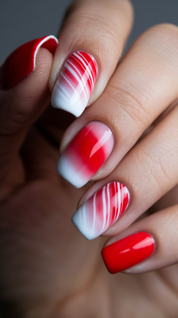 Ombre nails with a smooth transition from red to white, featuring candy cane stripes on accent nails