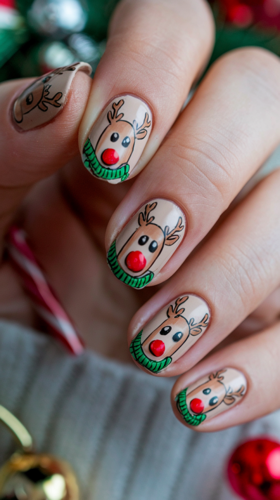 Cute reindeer faces painted on neutral beige nails, with Rudolph’s iconic red nose and antlers