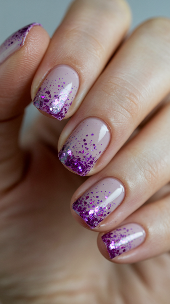 Nude nails with a purple glitter gradient starting from the tips and fading down.
