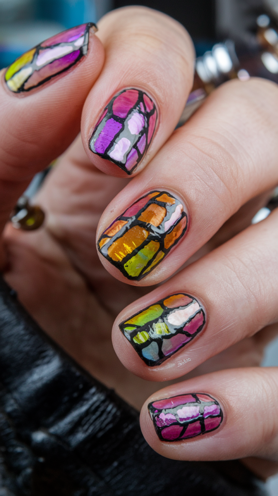 Colorful stained glass patterns on nails, segmented by fine black lines