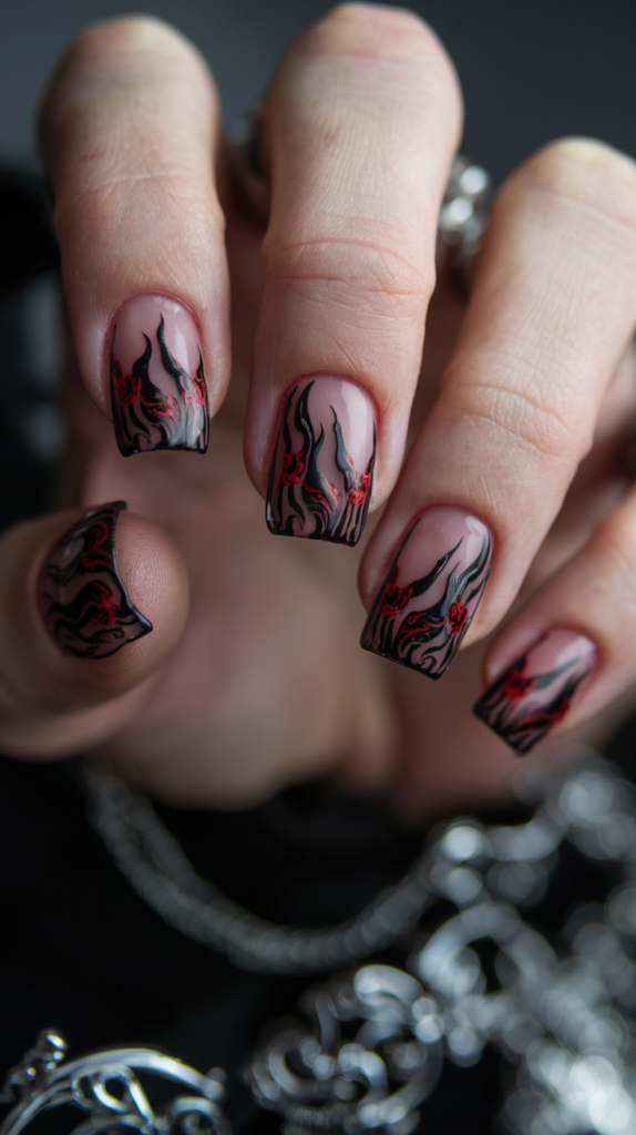 Gothic-inspired black nails with deep red floral and abstract designs, evoking a mysterious and romantic vibe