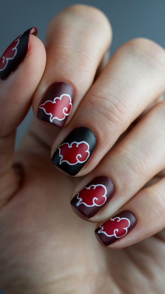 Dark red and black nails featuring the Akatsuki cloud symbol from Naruto, creating an ominous look