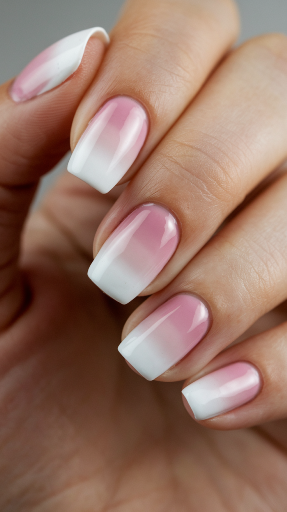 Elegant nails showcasing a seamless blend of soft pink and white in an ombre style, with a smooth, polished finish