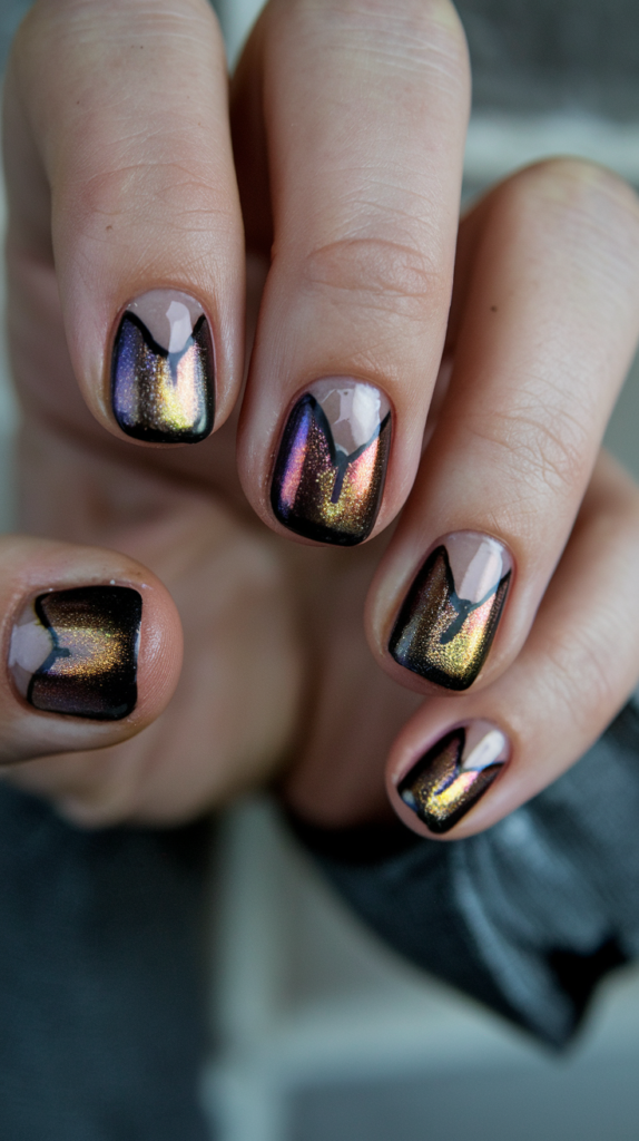 Mysterious cat eye effect on nails using magnetic black polish, creating a captivating and shimmering finish