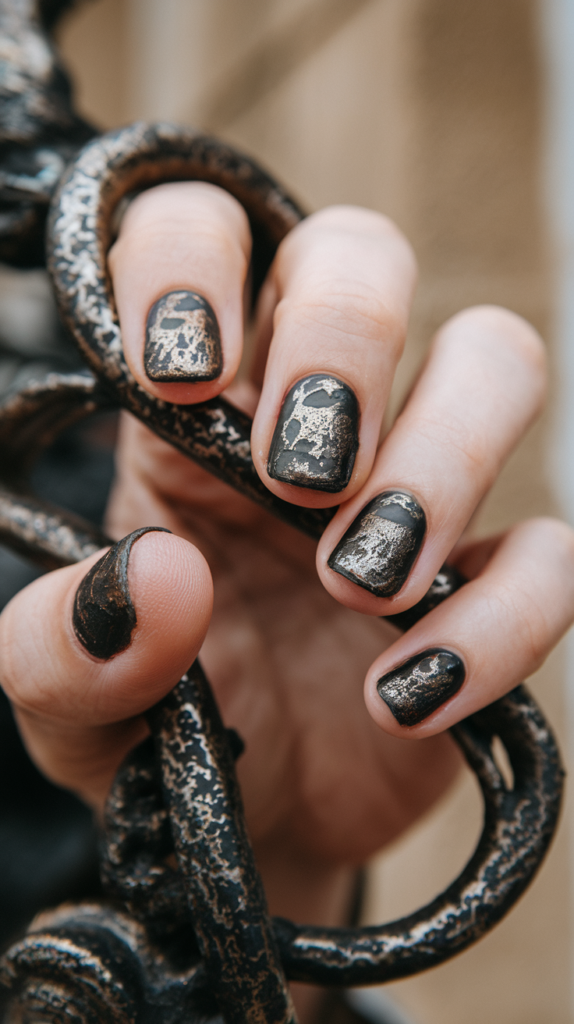 Rugged and distressed metallic finish over a black base, giving the nails an edgy and worn look