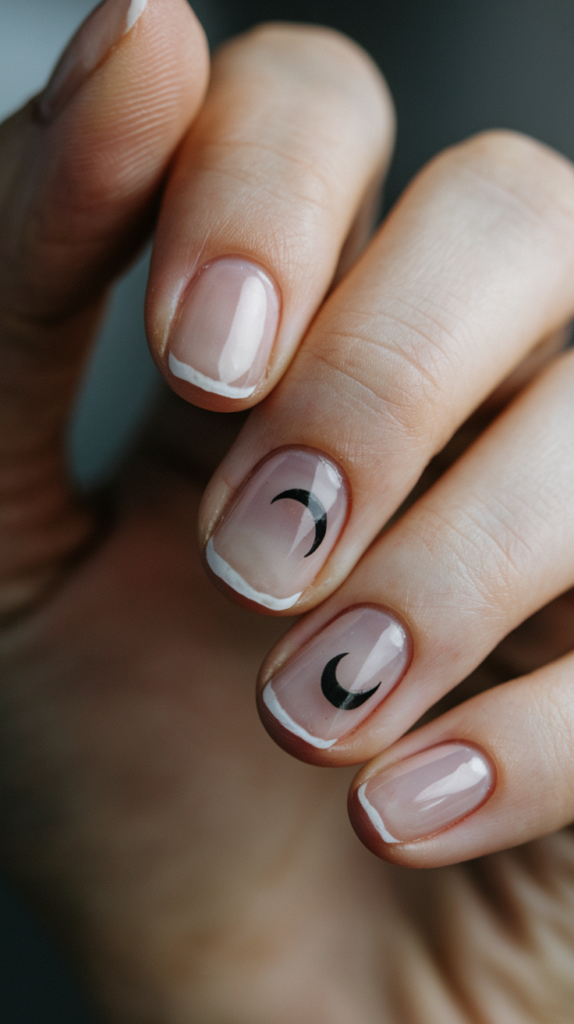 Minimalist nails with small geometric shapes, like triangles and squares, in muted tones