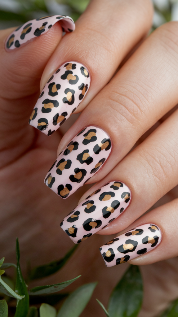 Bold pink nails with leopard print accents in black and gold, adding a chic, edgy touch