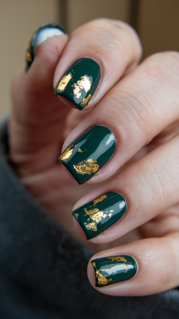 Luxurious gold leaf accents applied over a dark green base on nails