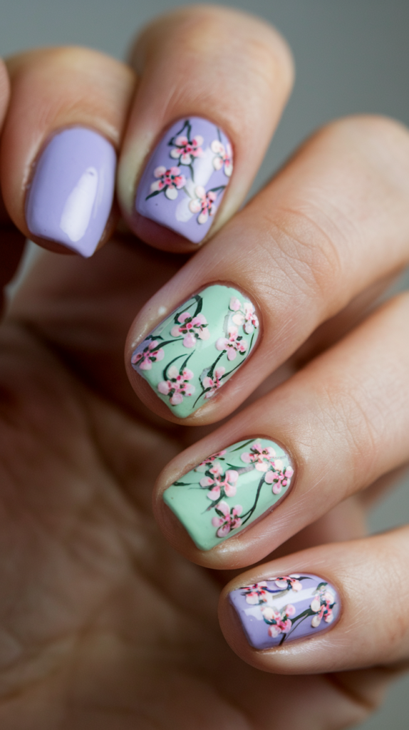 Pastel-colored nails featuring small, intricate clusters of flowers in lavender, mint, and baby blue, resembling a soft floral garden