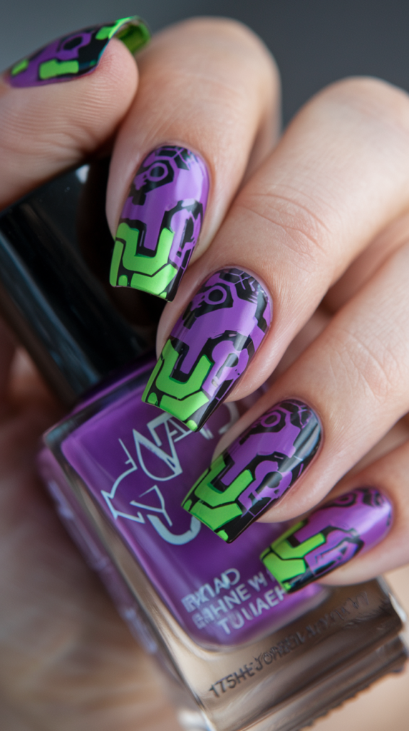 Neon-colored nails in green, purple, and orange with tech-inspired patterns, mimicking EVA units