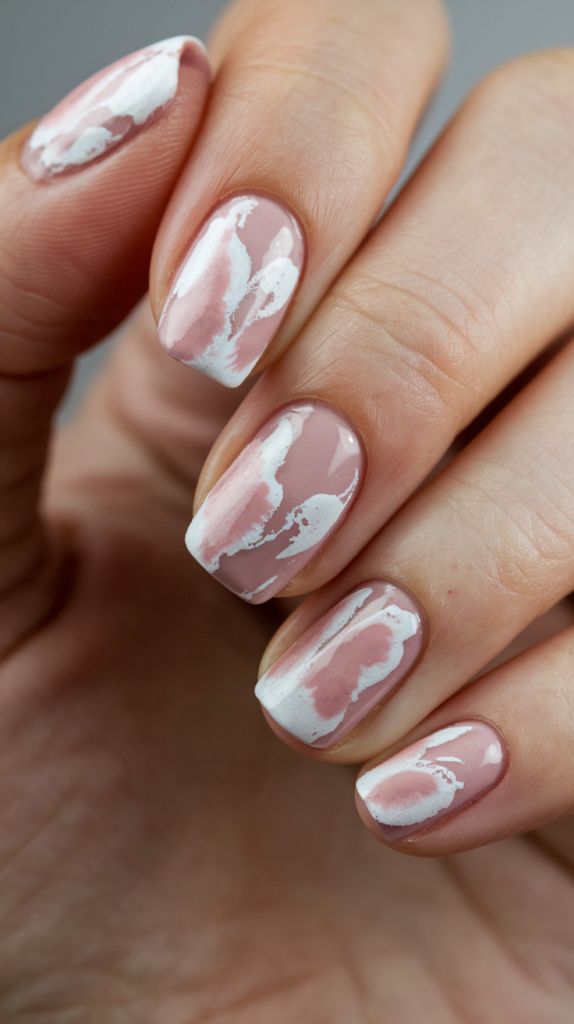 Soft, artistic watercolor wash nails with swirls of pink and white for a dreamy, abstract look