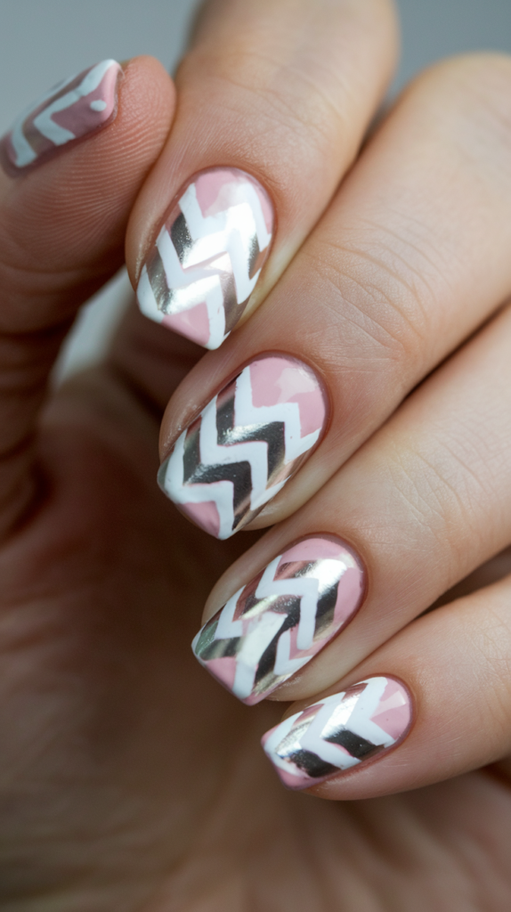 Bold chevron patterns in pink, white, and silver for a sharp, geometric nail design