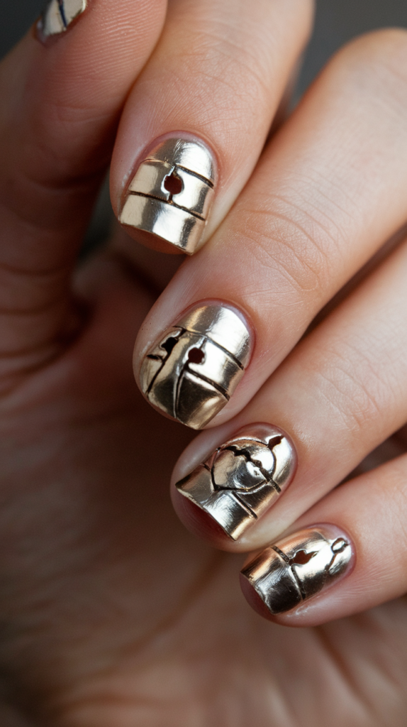 Metallic gold nails with tiny jingle bell designs, creating a fun, festive 3D effect