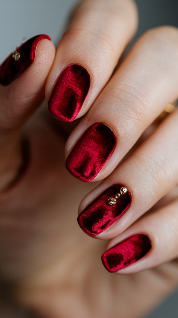 Matte red nails with a soft, velvety texture, accented with gold details for a luxurious holiday look