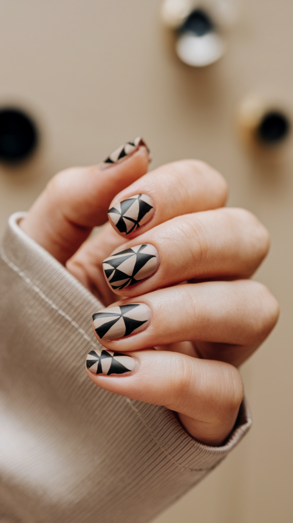 Photo of nails painted with sharp geometric shapes in black and white over a neutral beige base