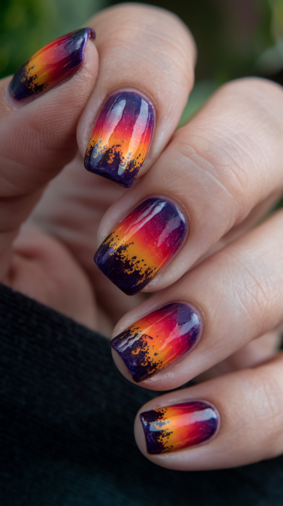 Nails with a gradient resembling a sunset, transitioning from yellow to deep red