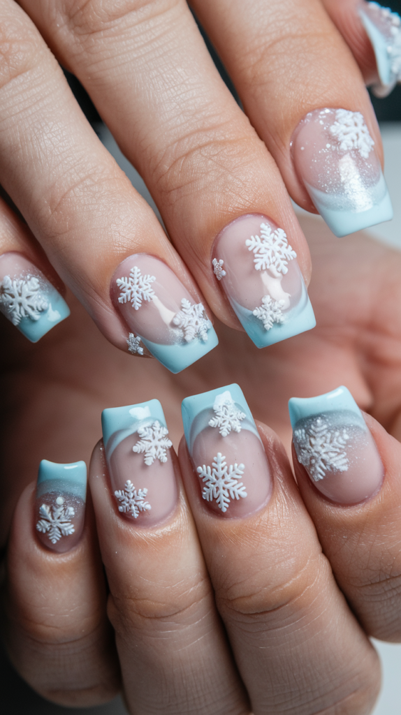 Nails with frosty blue French tips and white snowflakes delicately scattered, creating an elegant wintery design