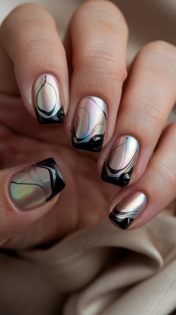 Subtle iridescent pearlescent accents swirled into black polish, offering a gentle shimmer and elegant style