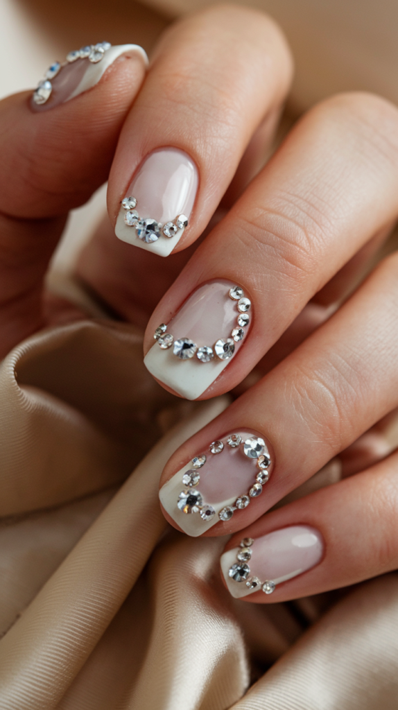 Glamorous white nails accented with rhinestones for added sparkle.
