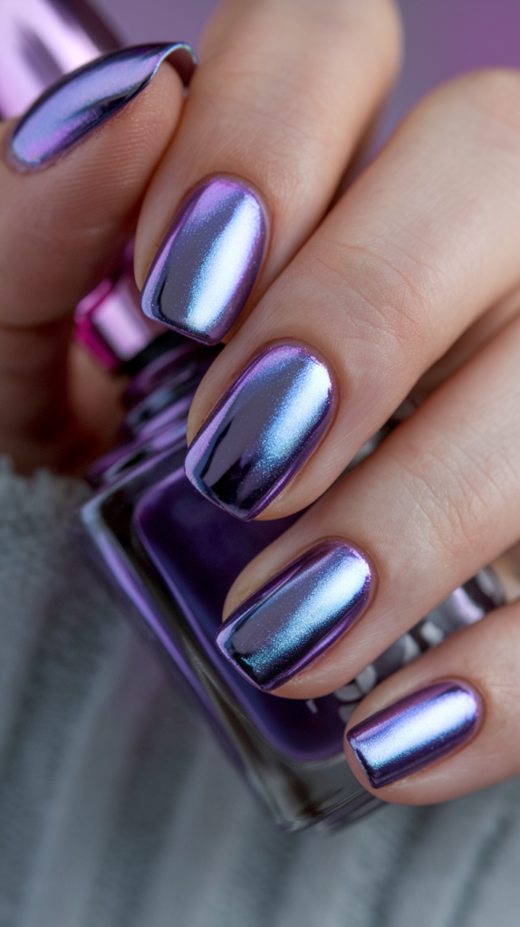 High-shine metallic lavender nails with a mirror-like, reflective chrome finish