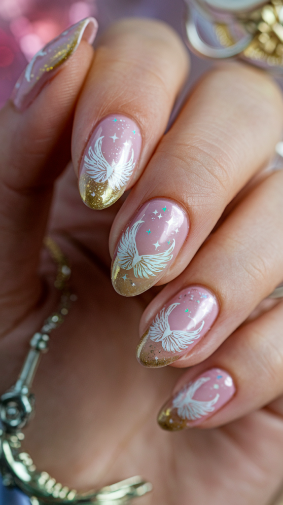 Soft pink and gold nails with Sakura’s magical staff, wings, and Clow cards in a sweet, feminine design