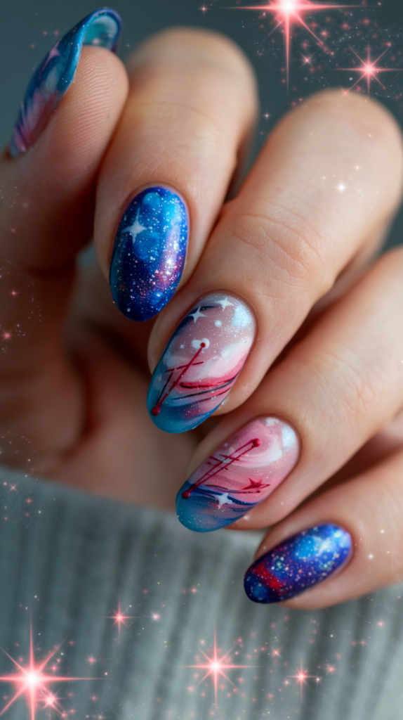 Space-themed nails featuring shooting stars, red strings of fate, and a cosmic gradient effect