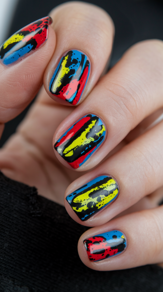 Nails with bold abstract patterns in primary colors splashed across a white base