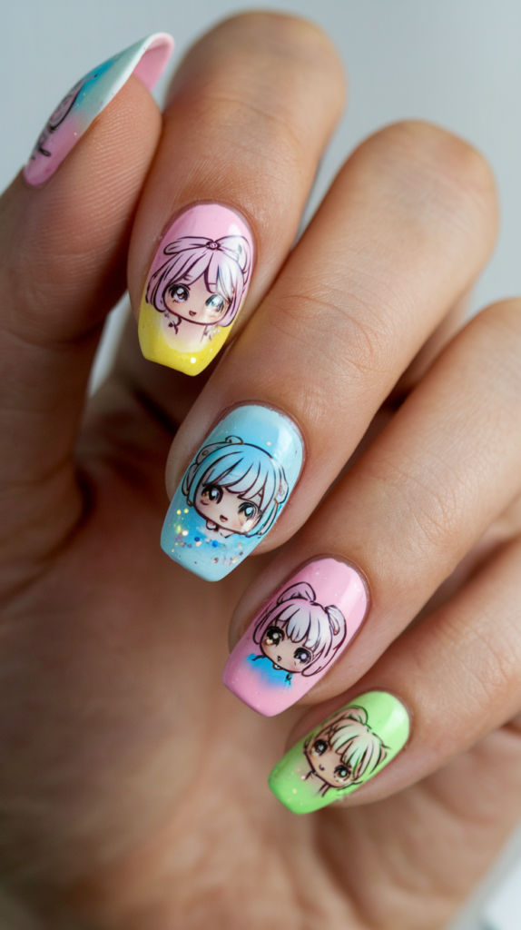 Pastel nails with chibi versions of favorite anime characters, including hearts and stars for a cute look