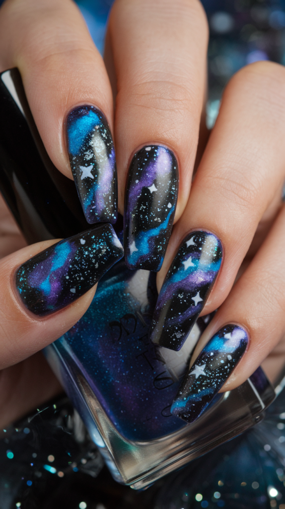 Galaxy-themed acrylic nails featuring swirling dark blue, purple, and black colors with shimmering stars and cosmic accents for a starry night effect.

