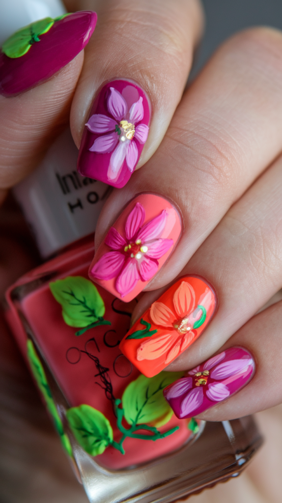 Vibrant floral nail art in bold colors like fuchsia and orange with intricate flower detailing and leafy accents