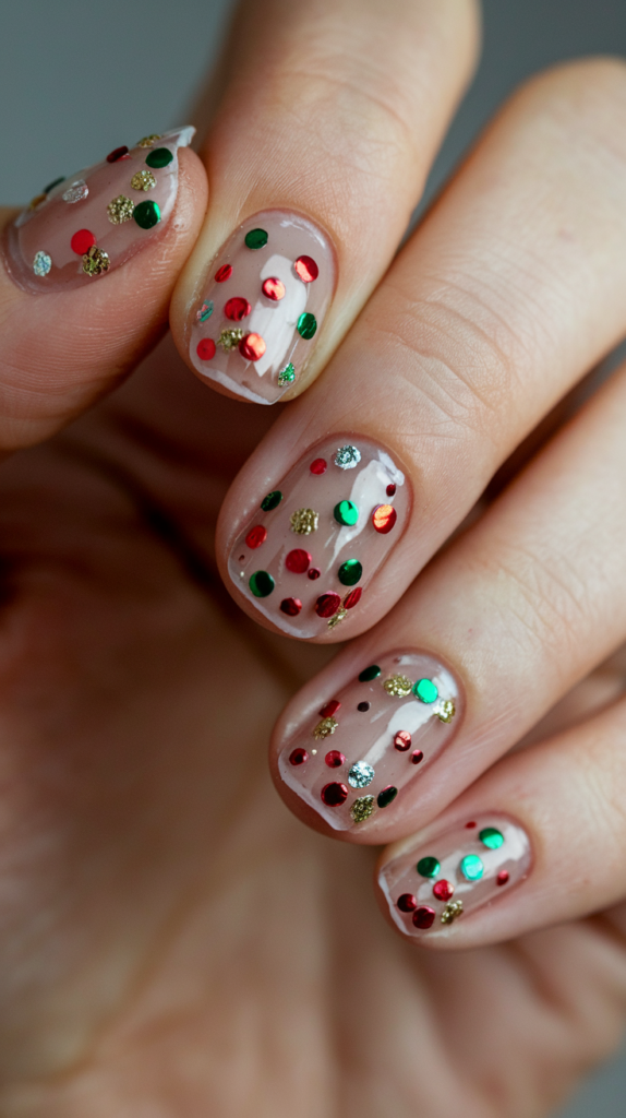 Neutral base nails with scattered multi-colored confetti dots in red, green, and gold for a playful, festive look