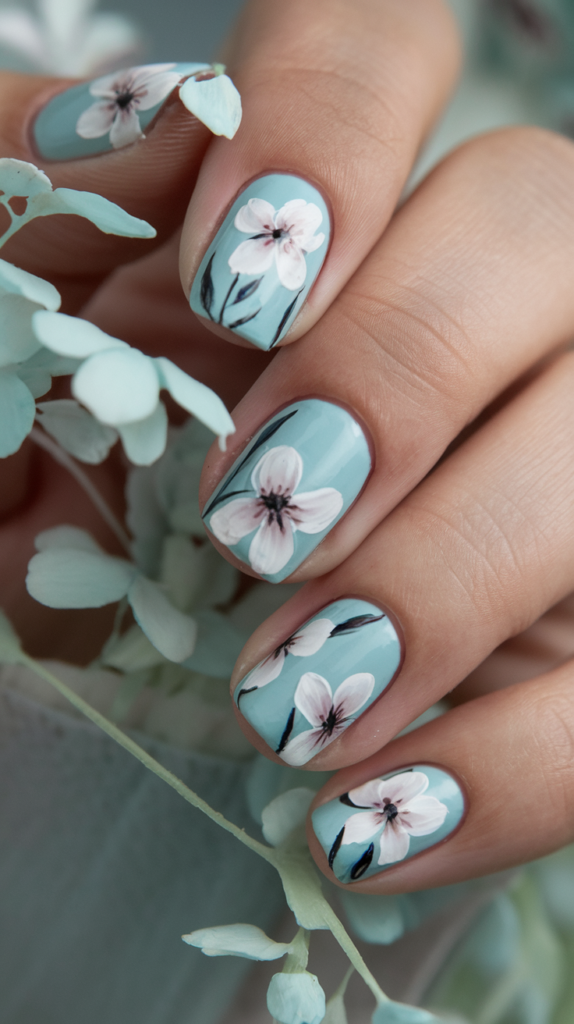 Pastel blue nails with delicate white floral designs, adding a soft, feminine touch