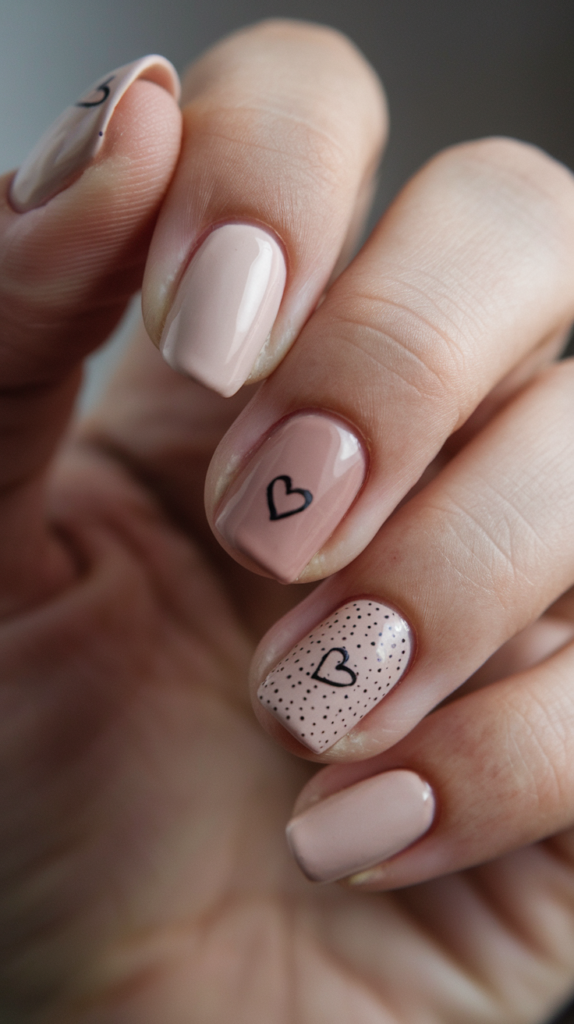 Minimalist nails with tiny black hearts on a nude base, adding a subtle accent to a clean design